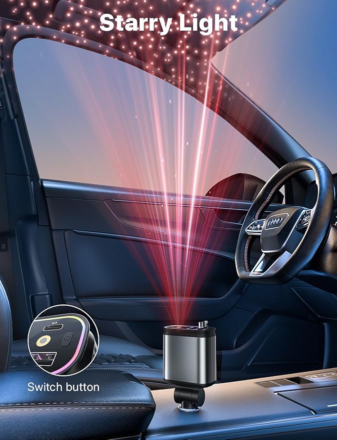 Starlight Retractable Car Charger with Retractable Cables, Starlight in Car Roof 4 in 1 Super Fast USB C Car Phone Charger, 2 USB Ports Starry Sky Adapter, Compatible with iPhone 17 16 15 14 13 12