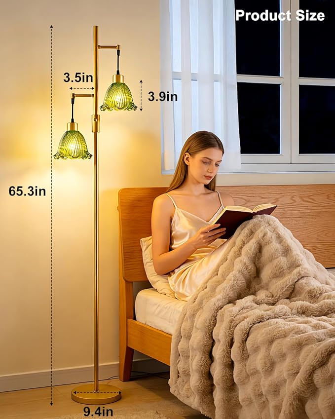 65IN Glass Floor Lamp, 2-Light Gold Tall Standing Lamps Dimmable with Green Glass Lampshade, 3000K Warmwhite Mid Century Modern Floor Lamp for Living Room/Bedroom/Sofa Beside/Home Decor