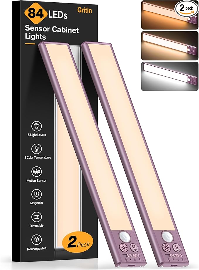 Gritin 10.2inch Under Cabinet Lighting Rechargeable 2 Pack- 3 Color Temps&5 Level Brightness, Super Bright, 4 Modes, Motion Sensor, Long Lasting - Easy Installation Magnetic Under Closet Lights-Mauve