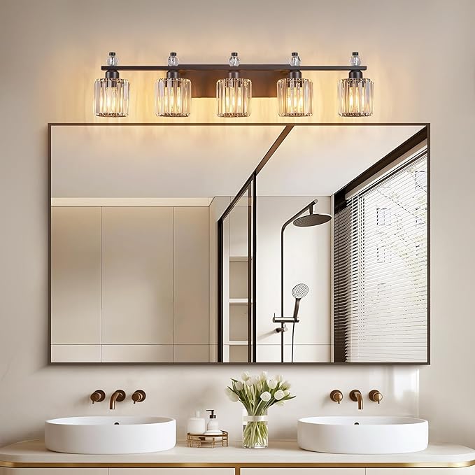 Bathroom Vanity Lights 5-Light Sand Black Modern Crystal Vanity Light Fixtures Over Mirror Crystal Bathroom Vanity Lighting Fixtures