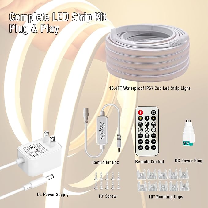 IP67 Waterproof Warm White Dimmable Dotless COB LED Strip Light with Remote & App,3000K CRI 93+16.4Ft Outdoor Flexible Cuttable Silicone Neon Rope Light for Kitchen, Bedroom, Bathroom & More