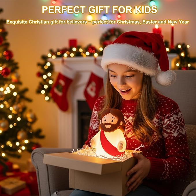 Little Jesus Night Light Mini Jesus Silicone Lamp Dimmable Nursery Nightlight for Kids Rechargeable Bedside Touch Lamp Perfect for Christmas, Easter and Baptism Gifts (Red)