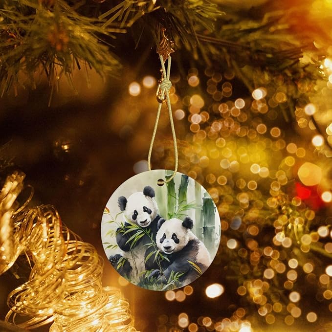 Watercolor Panda Bamboo Christmas Ornaments, Christmas Decorations Xmas Tree Hanging Ornaments, Round Ceramic Festive Keepsake Gift for Christmas Decorations Holiday Home Party Decors
