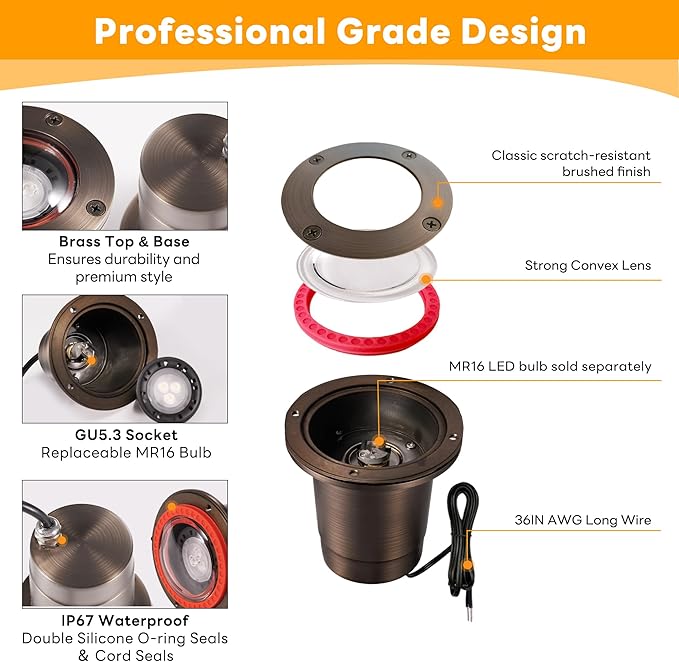 Gardenreet Brass Outdoor Well Lights Low Voltage - IP67 Waterproof 12V In-Ground Light, Hard-Wired LED Landscape Lighting, Antique Bronze for Garden Tree Pathway Without MR16 Bulb (10 Pack)