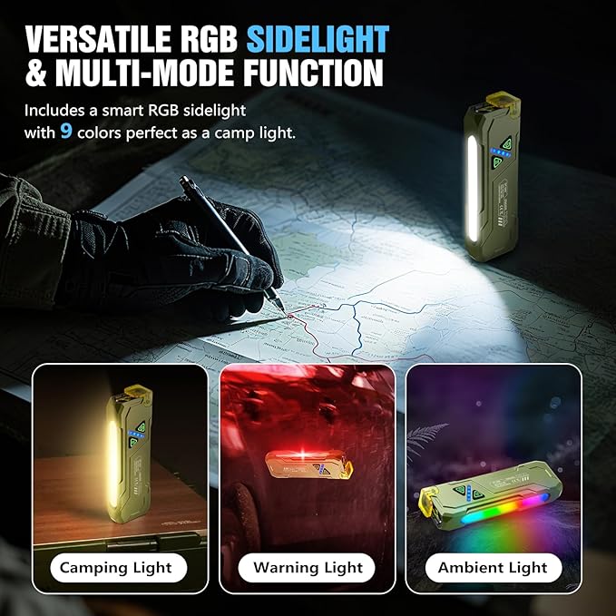 EDC Rechargeable Flat Flashlight 1000 Lumens White LED/UV/RGB Ambient Signaling Flashlights, Magnetic Clip on Pocket Light for Outdoors, Emergency, Working (1, Green, Compact)