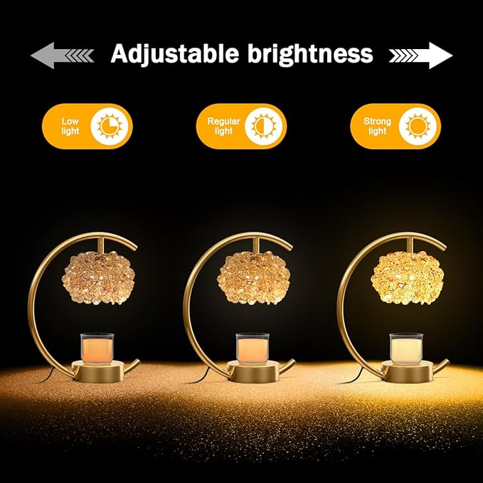 Bronze Candle Warmer Lamp for Jar Candles with Adjustable Brightness＆Timer，Handcrafted Crystal＆Wooden Base,Candle Lamp Luxurious Design+2Bulbs,Home Decoration Electric Candle lamp(C-Shaped)