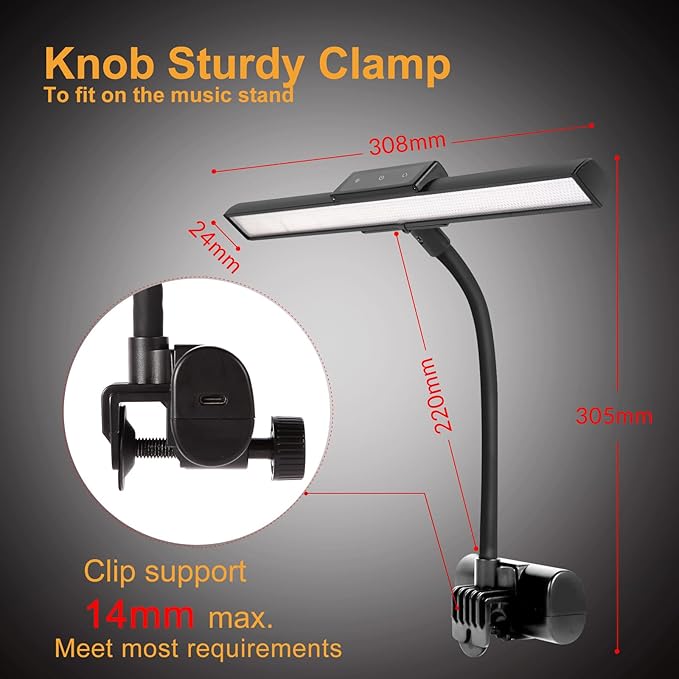 Super Bright Music Stand Light, LED Clip On Light,Magnetic Base, Removable Rechargeable Battery Operated, Long-Lasting USB-C Eye-Care Clamp Lamp, Gooseneck Design for Sheet Music, Black