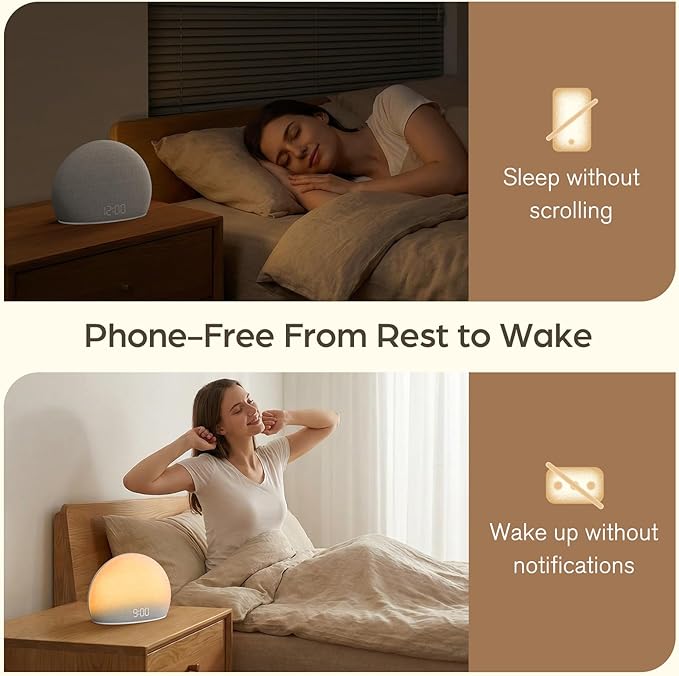 HOUSBAY Sunrise Alarm Clock with White Noise Sound Machine – Wake-Up Light for Bedroom, 5 Gentle Alarm Sounds, 20 Soothing Sleep Sounds, Dimmable Display, Phone-Free Bedside Clock
