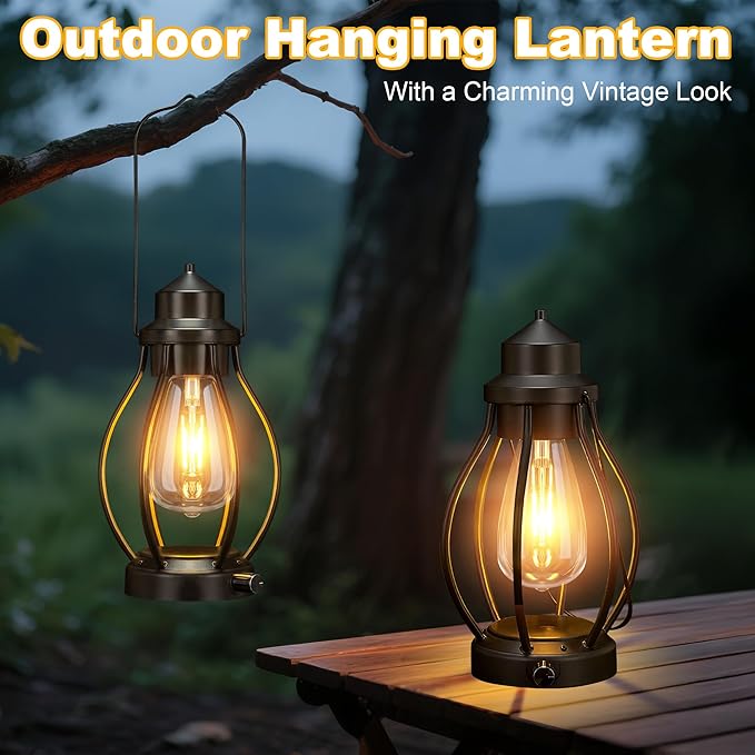 Battery-Powered LED Lanterns Vintage Lights for Christmas, 2 Pack Rechargeable Lantern with Dimmerble Warm White Edison Bulb, Waterproof Hanging Light Table Lamp for Outdoor & Indoor Decorative