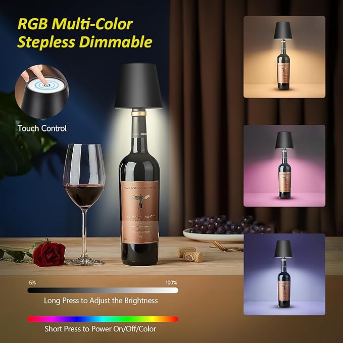 2025 New Wireless Bottle Lamp - LED Bottle Lights for Liquor & Wine Bottles, Cordless Lampshade, Whiskey Bottle Top Light, Bottle Stopper Night Light Kit, Rechargeable RGB Remote & Touch-Dimmable