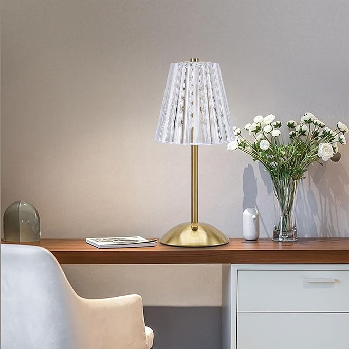 LED Cordless Crystal Table Lamp, Stepless Dimmable 3 Color Temperature Touch Control USB Rechargeable Nightstand Lamp for Home Bedside with High Brightness Light