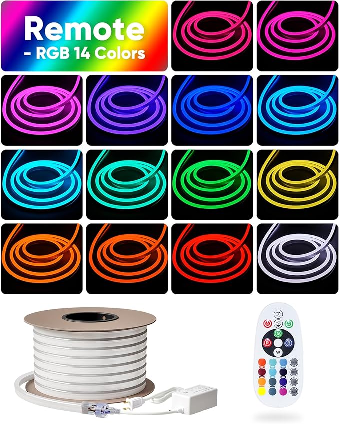 Shine Decor 98.4FT LED RGB Neon Rope Lights, ETL-Listed AC 110-120V Neon LED Strip Lights SMD5050 80LEDs/m with Remote, Dimmable Multicolor Change Flexible Neon Rope Lighting Waterproof for In&Outdoor