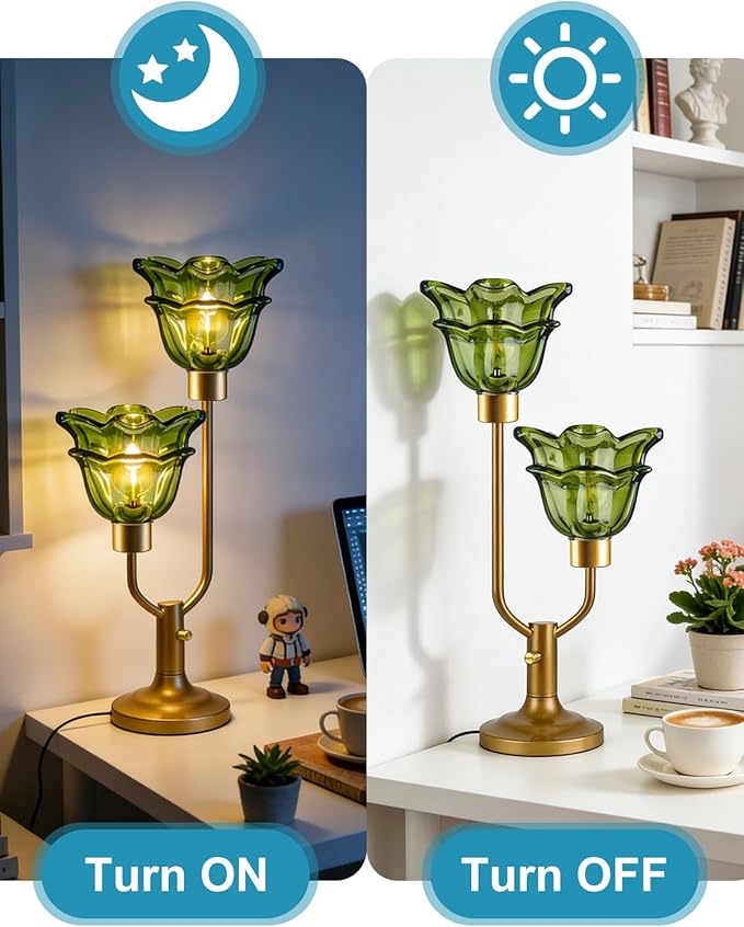Lightdot Mid Century Modern Flower Table Lamp Gold Dimmable U-Shaped Green Glass Desk Lamps with 2Pcs 3000K Warmwhite Bulbs Included Bedside Nightstand Lamp for Living Room Bedroom
