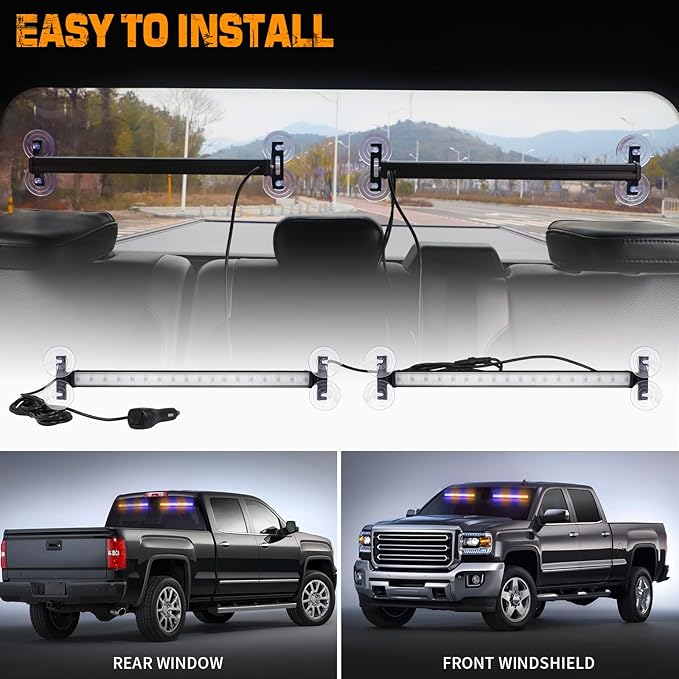 XRIDONSEN 2 in 1 Amber Blue Traffic Advisor Light Bar 144 LED Emergency Warning Safety Interior Windshield Dash Strobe Lights for Firefighter Police Construction Vehicles Trucks (2x17.7 inch)