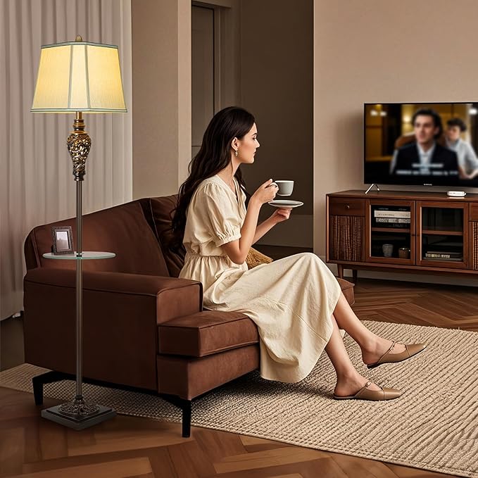 Rustic Floor Lamp for Living Room with Nightlight and Glass Tray, Vintage Standing Lamp with Beige Faux Silk Shade, Farmhouse Tall Lamp for Bedroom Study Home Office Hotel Bar - Brown (Bulb Included)