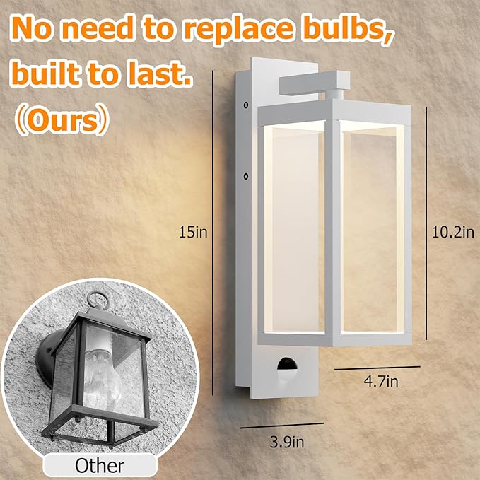 Outdoor Light Wall Sconce Motion Sensor Porch Light for House,15" LED Modern Exterior Lighting Fixture Black,Waterproof Outside Lantern with Clear Glass for Garage Patio Garden