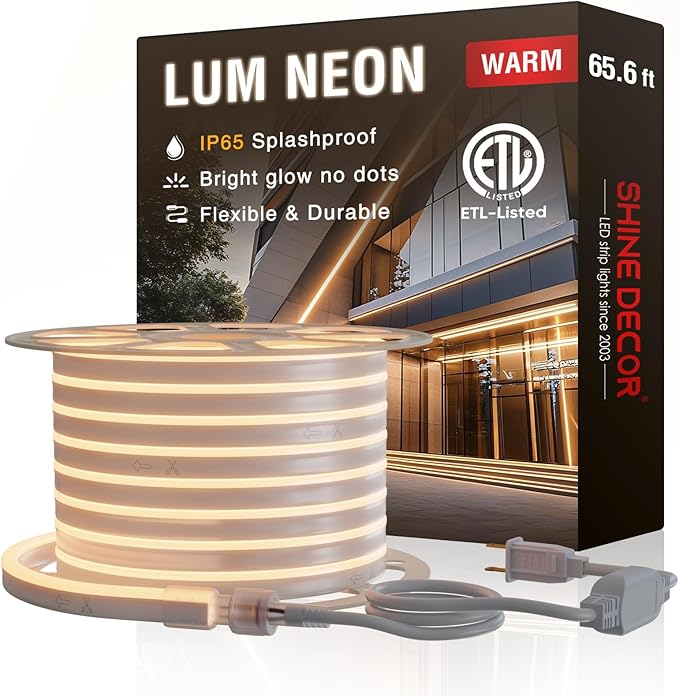 Shine Decor LED Neon Rope Lights 120VAC, 120LEDs/M Lum Strip Lighting End Extendable 2500K Warm White 65ft, Water & Cold Resistant for Outdoor Indoor, 4520LM Bright 8x16mm ETL Listed