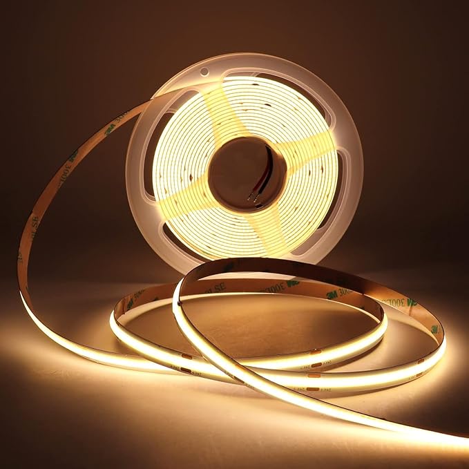 COB LED Strip Light, IP30 DC24V 3000K High Density Uniform Light 480LEDs/M Super Bright CRI>90 16.4ft Tape Dotless Cuttable Flexible for Cabinet Home Indoor DIY Lighting (No Power or Controller)