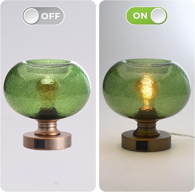 Mid Century Glass Table Lamp,Dimmable Desk Lamp,LED Bulb Included,Touch Control & USB A+C Port,Green Seeded Glass