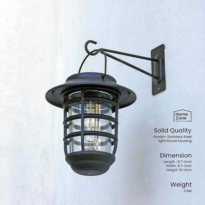Home Zone Security 2-Pack Solar Wall Hanging Lights LiFePO4 Battery 3000K Warm 20lm Up to 12 Hours Dawn Motion Sensor Auto, IP65 Waterproof, No Wiring Required, Aluminum and Glass Construction