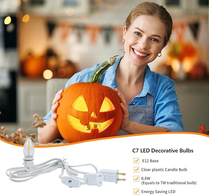 2-Pack Accessory Cord with 2 C7 LED Night Light Bulb, Candelabra-Base E12 Socket White Cord with On/Off Switch Plugs, for Holiday Decorations, Christmas Village House, Pumpkin Lights