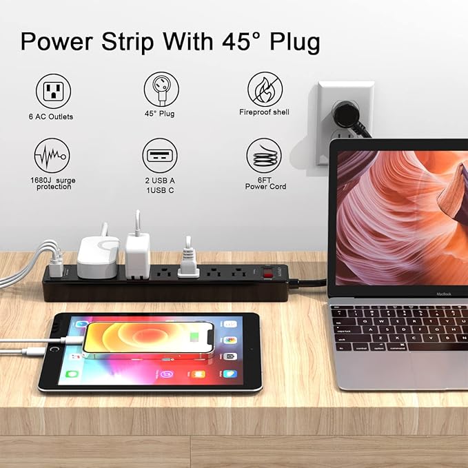 2 Pack Power Strip Surge Protector with 6 Feet, QINLIANF 6 AC Outlets and 3 USB Ports, 6Ft Extension Cord Flat Plug for Home, Office, Dorm Essentials, 1680 Joules, ETL Listed, Black