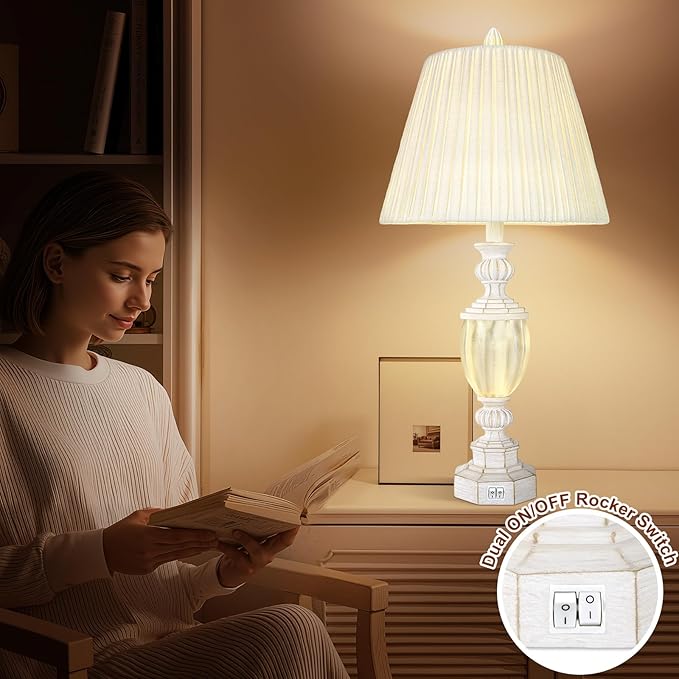 27" Rustic End Table Lamp Set of 2 with Night Light for Bedroom Living Room USB Charging Pots Farmhouse Bedside Lamp with Pleated Shade Boho Nightstand Lamps for Room Office Hotel Dorm(Bulb Included)