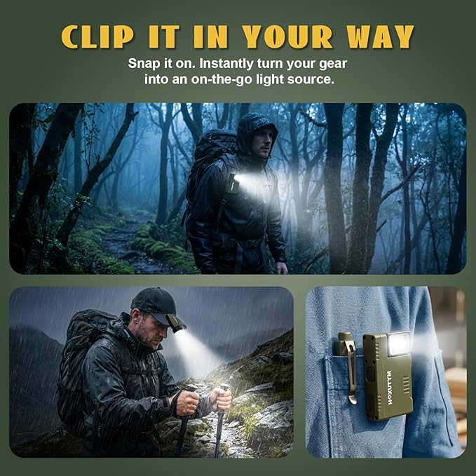 Clip-on LED Rechargeable Flashlights – 500lm EDC Mini Pocket Light, Hands-Free Magnetic Work Light with 180° Rotatable Clip & RGB Emergency Mode for Camping, Hiking, Repairs, Walkies, Green