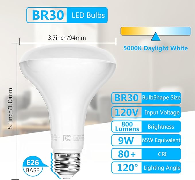 dalattin 12 Pack BR30 LED Bulbs 65W Equivalent, Dimmable Indoor Flood Lights 5000K Daylight White, 9W, 800 Lumens, E26 Base, LED Recessed Light Bulb for Living Room, Bedroom, Bathroom, Kitchen