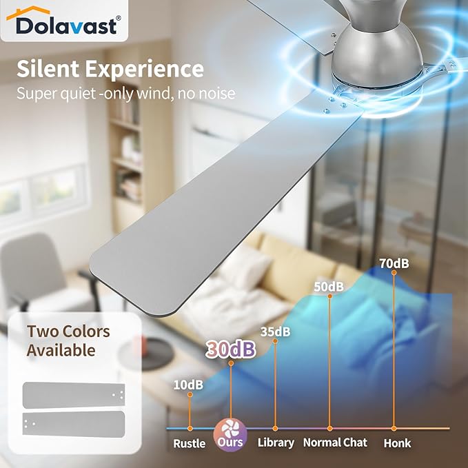 Ceiling Fans with Lights and Remote, 52 Inch Ceiling Fan with Light, Low Profile Reversible Ceiling Fans, Dimmable LED, Flush Mount, Quiet, DC Motor, Nickel Ceiling Fan for Bedroom, Kitchen