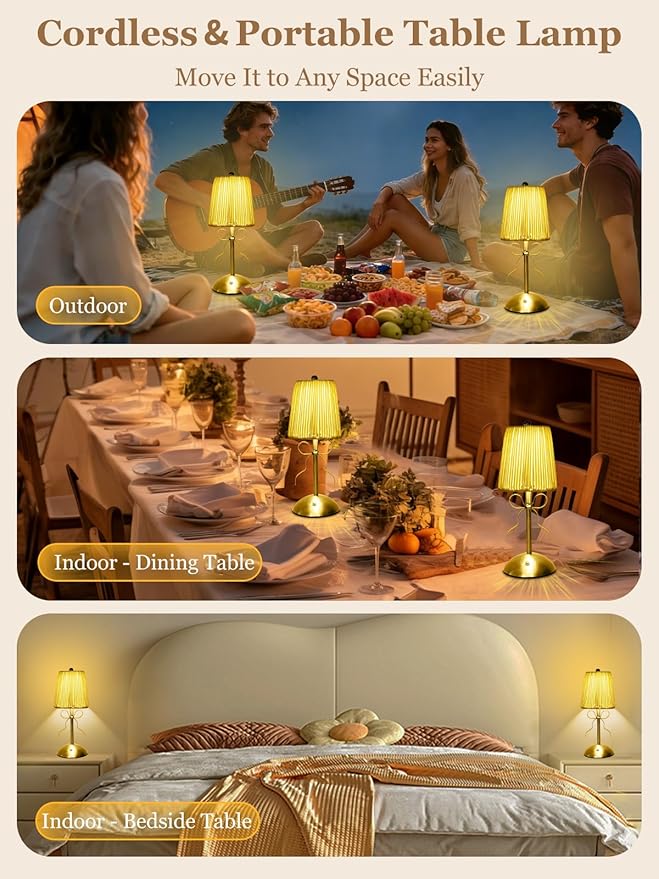 Boho Bow Rattan Table Lamp, Cordless Wicker Woven Vintage Table Lamp - LED Rechargeable Touch Control 3 Color Dimmable Reading Bedside Lamp for Bedroom Living Room Office, Home Outdoor Decor