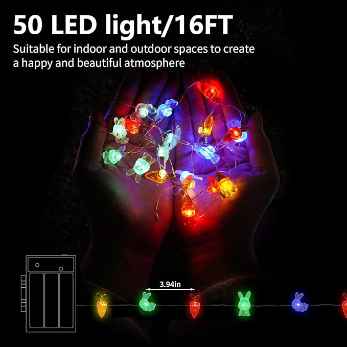 pozzolanas Led Fairy Lights Battery Operated Mini String Lights 2P 16FT Bunny Carrot String Lights 50LED IP65 Waterproof Spring Rabbit for Easter Basket Eggs Party Seasonal Bedroom Decor