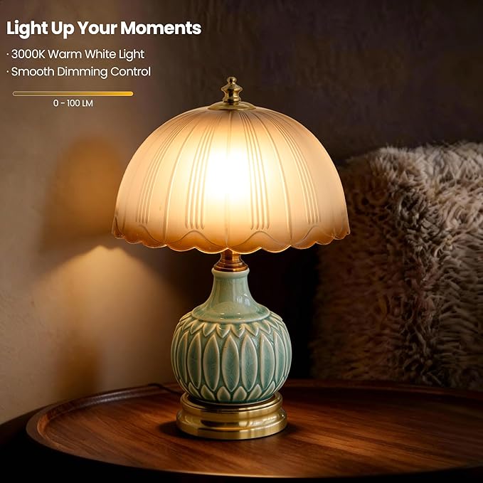 Mid-Century Modern Table Lamp, Green Bamboo Ceramic Base with Scalloped Gradient Glass Shade, 3-Color Dimmable LED Bedside Lamp for Bedroom & Living Room, Aesthetic Home Decor, Bulb Included