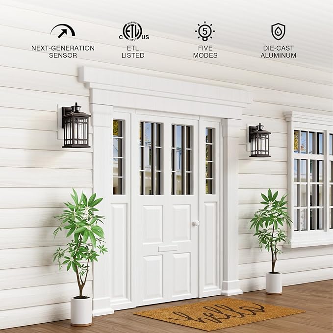 Adjustable Sensitivity Motion Sensor Outdoor Lights, 2 Packs Oil Rubbed Bronze Exterior Lighting Fixtures with Gold Trim, ORB Outdoor Garage Lights Wall Mount for House, Garage, Doorway, Coach