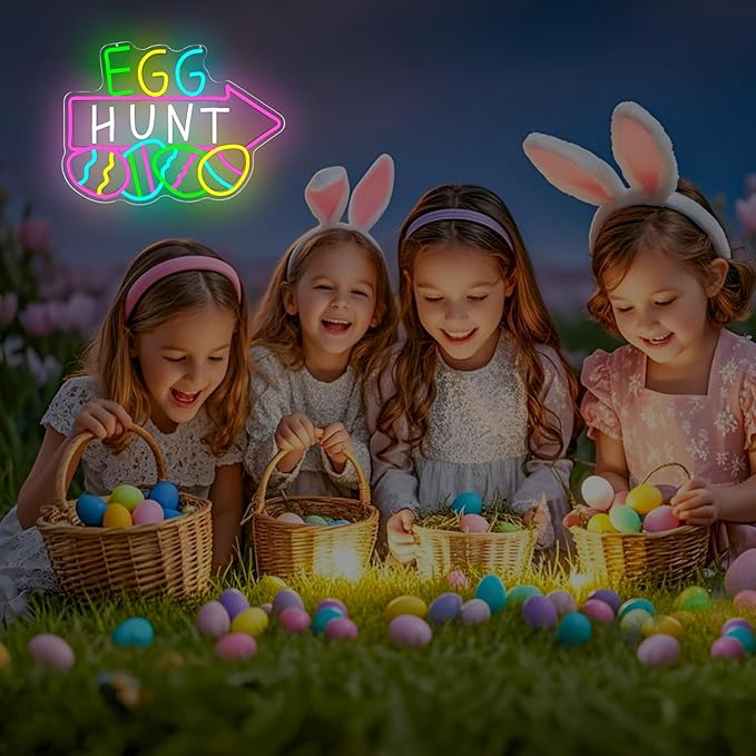 Easter Neon Sign for Wall Decor Easter Egg Hunt Led Sign Easter Decorations Dimmable Eggs Neon Light Up Signs for Egg Hunt Game Backdrop Window Party Gifts Bedroom Holiday Spring Bar Home