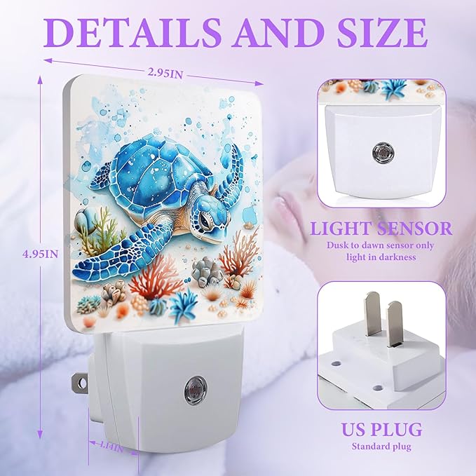 Sea Turtle Night Light,Plug-in Night Lights with Dusk-to-Dawn Sensor for Bedroom,Bathroom and Living Room Sleep Friendly lamp 0.5w
