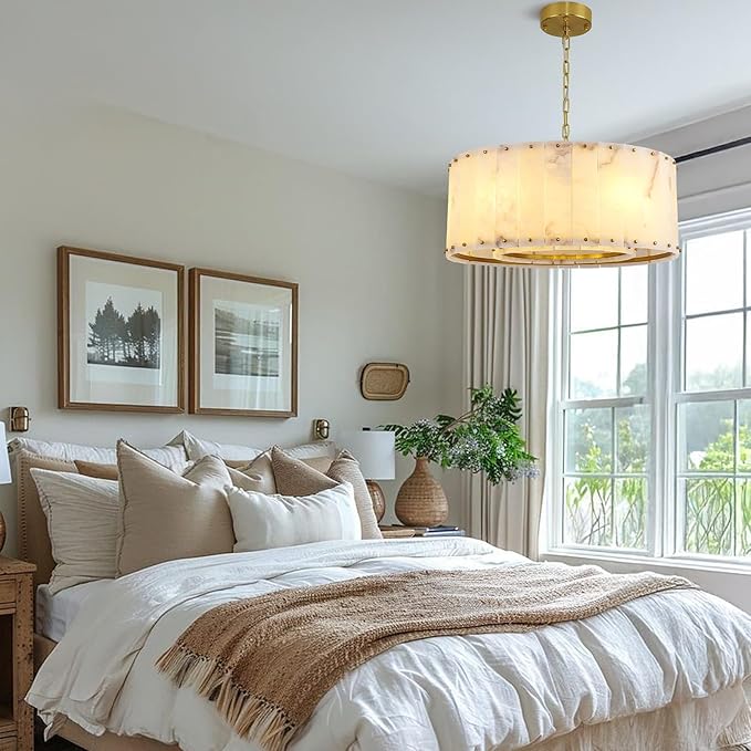 Alabaster Chandelier D24in Spanish Natural Marble Round Chandeliers,Alabaster Pendant Light Fixture,Modern Brass Dining Room Chandelier, Adjustable Gold Chandeliers for Bedroom,Bathroom,Entryway,Foyer
