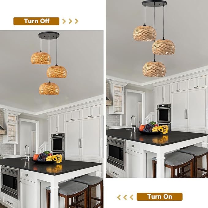 Rattan Chandelier Lighting 3-Light Wicker Pendant Light Bohemia Hand Woven Bamboo Shades Vintage Mid Century Pendant Lights for Kitchen Island Farmhouse Dining Table