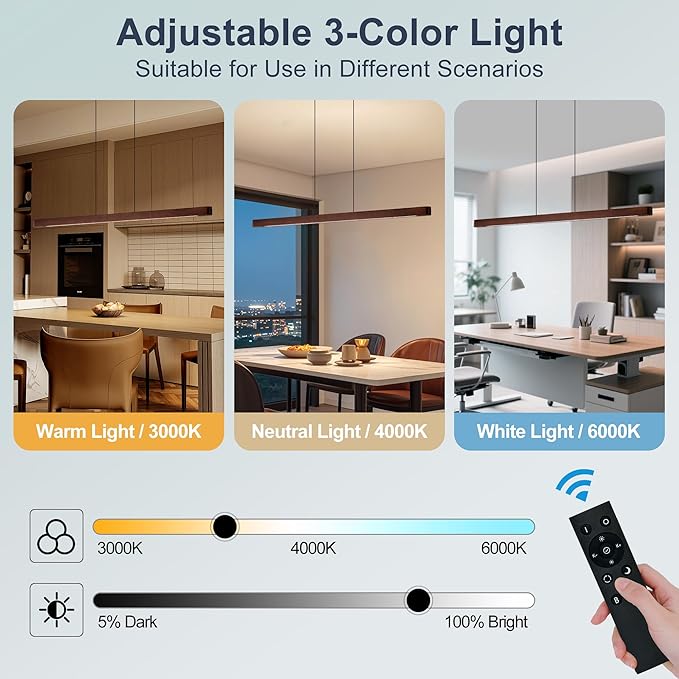 43" Wood Linear Pendant Light, Dimmable Kitchen Island Lighting with Remote, 24W LED Hanging Pendant Light, Adjustable Linear Chandelier for Dining Room, Kitchen Island, Bar, Office-Walnut