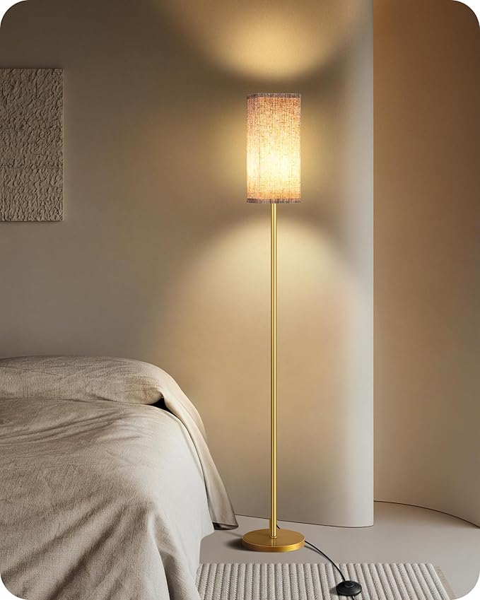 64.2” Dimmable Floor Lamp for Living Room with Remote and Foot Switch, Corner Floor Lamp for Bedroom, Includes 10W A19 Bulb, Modern Standing Tall Lamp, ETL Listed, Beige and Gold DE17LD05