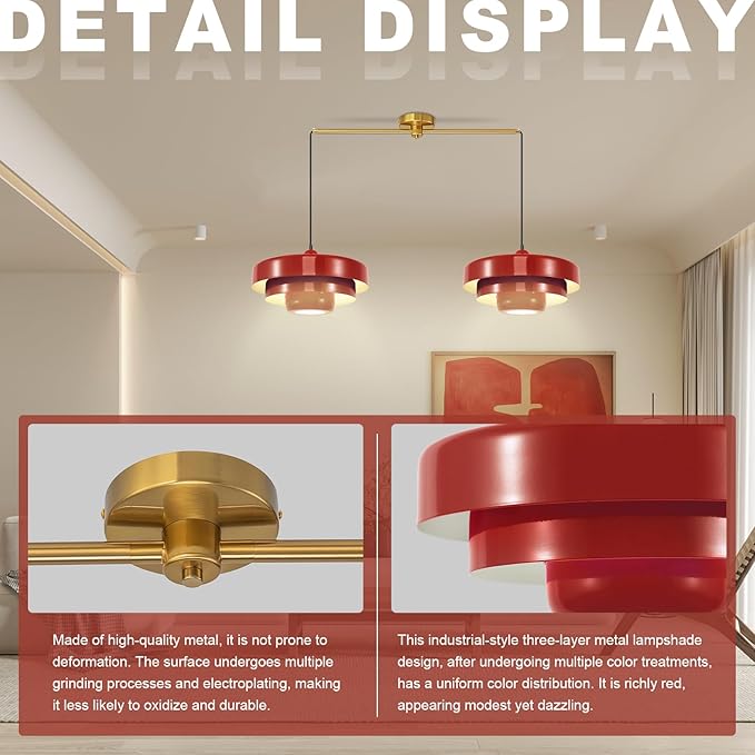 Industrial Red Pendant Light, 2-Light Vintage Chandelier, Mid Century Modern Ceiling Light Adjustable Hanging Lights for Kitchen Island, Bar, Dining Room