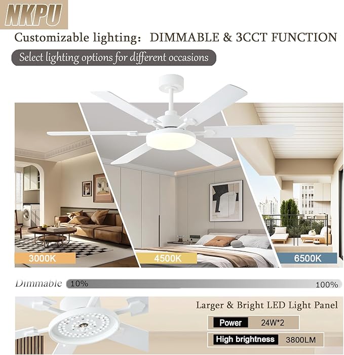 56 Inch Ceiling Fans with Lights, Modern White Ceiling Fan with Light and Remote Control, 6 Double Sided Blades, 6 Speed Reversible Motor, Dimmable LED, Silent Timing, Indoor Outdoor Patio Use