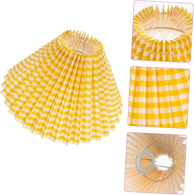 Vaguelly Small Pleated Drum Lampshade for Table Lamp Iron Frame with Yellow Plaid Fabric Easy Installation for Bedroom Living Home and Office Use