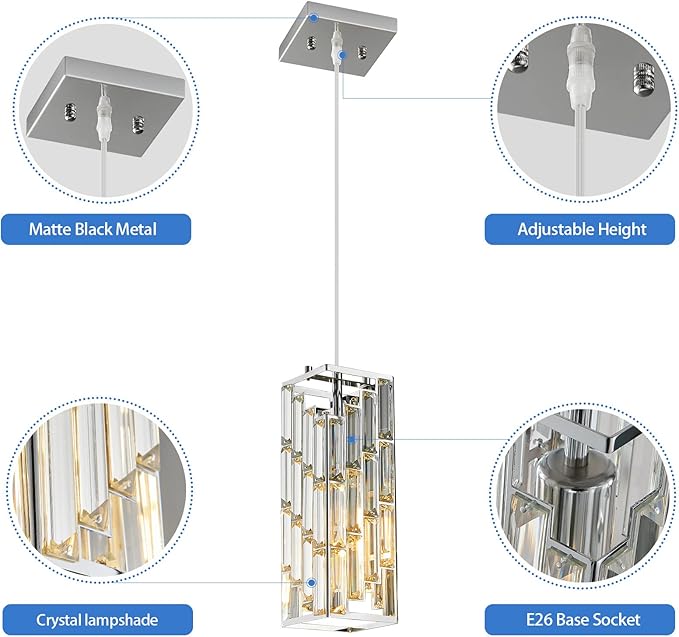 Chrome Pendant Lighting Modern Pendant Light, Mini Crystal Chandeliers,Adjustable Pendant Light Fixture for Kitchen Island Dinning Room Bedroom (2 Pack)