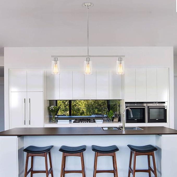 ETONIMERR Brushed Nickel Glass Pendant Lighting Over Island 3 Light Modern Kitchen Pendant Light with Glass Shade Industrial Linear Pendant Lighting for Kitchen Island