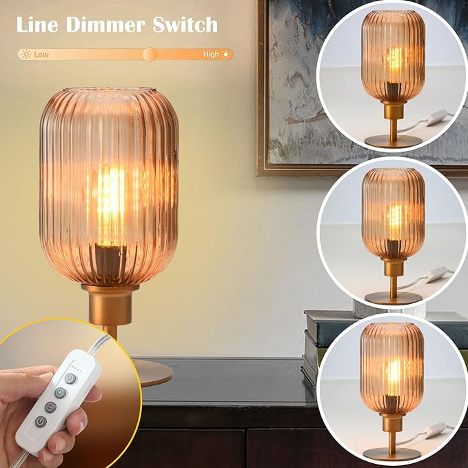 Mid Century Glass Table Lamp,Dimmable Desk Lamp,LED Bulb Included,Timer Build-in,Cognac Amber Ribbed Glass