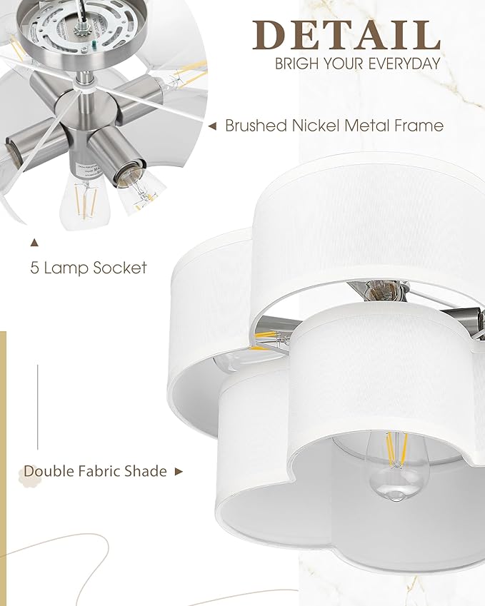 Semi Flush Mount Ceiling Lights, 5-Light 18" Ceiling Light Fixtures with Double Fabric Drum Shade in Quatrefoil Shape, Brushed Nickel Ceiling Light for Nursery Bedroom, AD-22007-5SF-SN