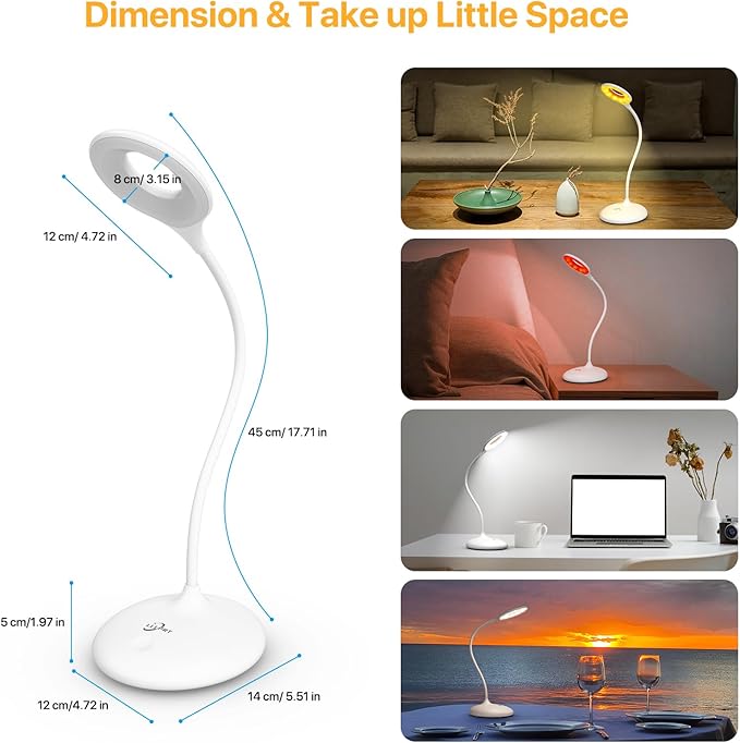 Rechargeable Desk Lamp Cordless with 3 Color Modes, Touch Control 30 LEDs Table Lamp, Stepless Dimming Reading Light, 360° Flexible, Portable Eye-Caring Sleep Aid for Dorm Study Office Bedroom