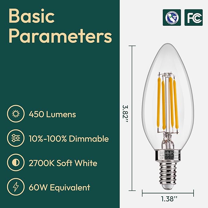 ALAMPEVER Chandelier Light Bulbs, 60W Equivalent Candelabra Bulb, E12 LED Bulb 2700K Soft White, 450LM, Candle Light Bulbs 24 Pack