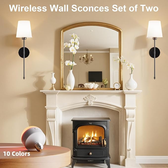 Wall Sconces Battery Operated Set of 2, Rechargeable Wall Sconce, 10 Colors Wireless Wall Sconces Set of Two, 5200mAh Dimmable Bulbs and Remote, for Bedroom Living Room, Hallway Decor (Black- 24 inch)